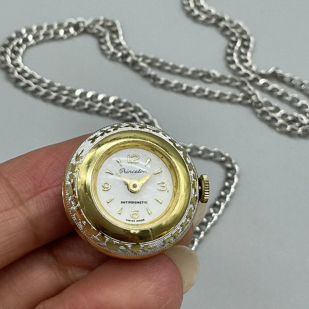 Vintage Princeton Pendant Necklace Watch Women 23mm Gold Tone Manual Swiss Chain